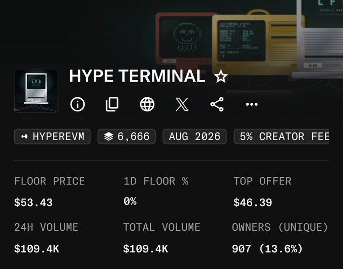 A dashboard for 'HYPE TERMINAL' showing NFT collection stats with a floor price of $53.43, 24H volume of $109.4K, and 907 unique owners (13.6%).