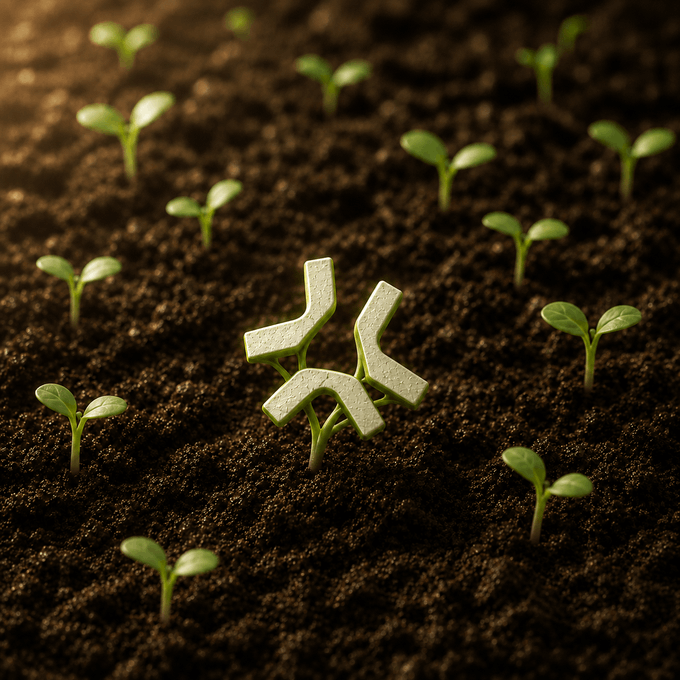 A close-up artistic image of small green seedlings growing in dark soil, with one central seedling depicted as a 3D blockchain/cryptocurrency symbol.