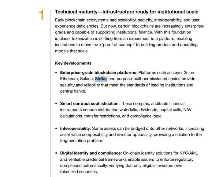 Document page discussing technical maturity of blockchain infrastructure for institutional finance, listing key developments like enterprise-grade platforms, smart contract sophistication, interoperability, and digital identity/compliance.