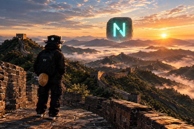 Fantasy artwork of a furry character standing on the Great Wall of China at sunset, with a glowing teal 'N' logo floating in the sky.