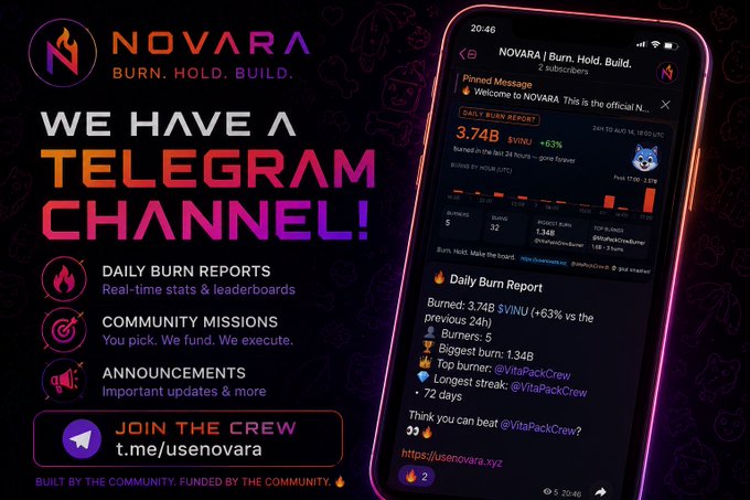 A promotional graphic for NOVARA ("Burn. Hold. Build.") advertises their Telegram channel, highlighting daily burn reports, community missions, and a screenshot showing 3.74B burned tokens (-63%).