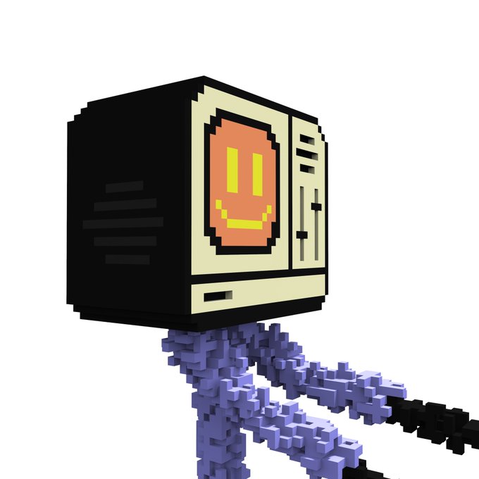 The image features a cartoon-like robot with a face, arms, legs, and feet made of small cubes or blocks painted in shades of purple and black. The robot has a smiley face and appears to be smiling at the camera. The caption "GM $BNKR mfer!" is written below the image, which might be an autograph or a reference to the creator of this unique piece of art.
