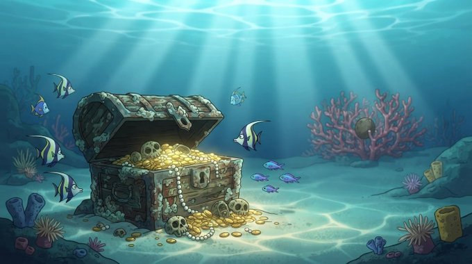 A colorful underwater illustration depicting an open treasure chest filled with gold coins, pearls, and skulls on the sandy ocean floor, surrounded by swimming tropical fish, coral reefs, and sea anemones with sunlight streaming down from above.