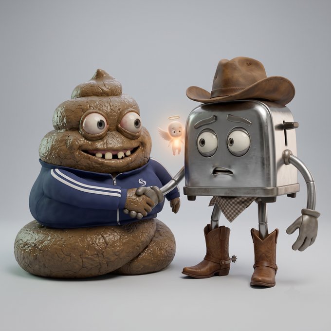 A 3D-rendered scene featuring a smiling, brown, poop-emoji-like character in a blue tracksuit holding hands with a worried-looking silver toaster wearing a cowboy hat and boots, accompanied by a small glowing angel figure between them.