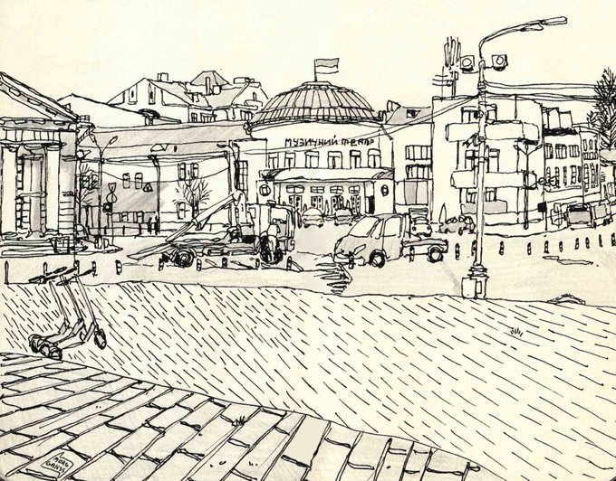 A black ink line drawing of a city plaza featuring classical buildings, a domed 'муниципалитет mтэп' (municipal theater), parked vehicles, an e-scooter, and a brick paved square.