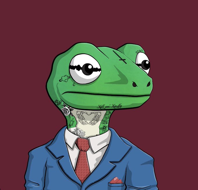 A stylized cartoon illustration portrays a green frog with a sad expression, wearing a blue suit jacket, white shirt, and red tie, with the text 'Kill em Kindly' on its neck.