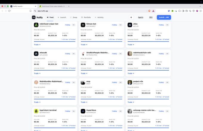 A screenshot of the Nuffly Launch website (app.nuffy.gg) displaying a grid of trading pairs for various tokens including rabbit-sniper-bot, hitman-bot, atlas, eliassdk, XradicalPeople-Robinho, robinhoodchain-wiki, RobinBunder-Robinhood, mcg, project-r0x, hypertime-terminal, HyperNova, and uniswap-meme-coin-lau, each showing prices around $0.0...025.24.