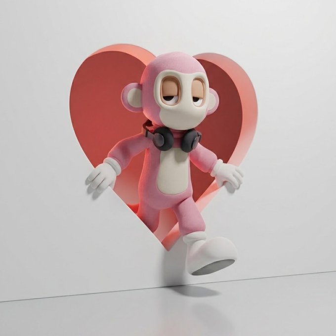 A 3D-rendered pink monkey character wearing black headphones around its neck, casually leaning forward as if walking out of a heart-shaped cutout in a white wall.