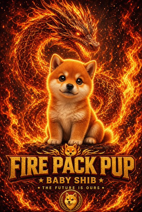 A movie poster features a cute Shiba Inu puppy sitting in front of a fierce fiery dragon, with text reading 'FIRE PACK PUP', 'BABY SHIB', and 'THE FUTURE IS OURS'.
