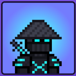 Pixel art of a shadowy, cyborg-like ninja character with glowing cyan eyes and accents, wearing a wide-brimmed straw hat against a purple background.