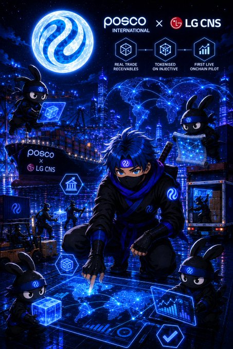 Promotional artwork for 'Posco International x LG CNS' featuring a ninja-style character interacting with holographic displays, showcasing 'Real Trade Receivables', 'Tokenised on injective', and 'First Live Onchain Pilot'.