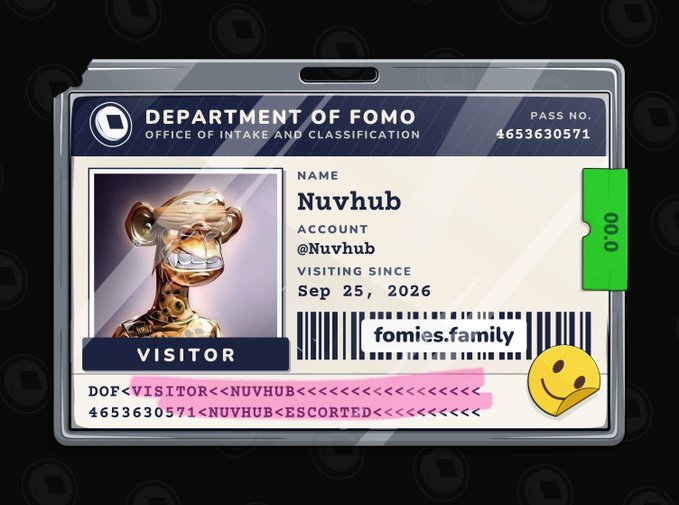 A digital 'Department of Fomo' visitor pass showing the name 'Nuvhub' and account '@Nuvhub,' with a visit date of Sep 25, 2026, and pass number 4653630571, featuring a metallic character portrait.