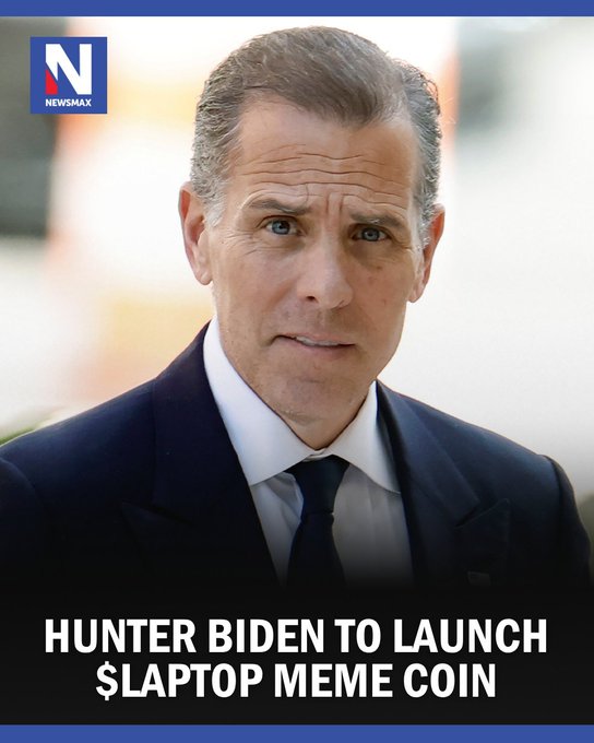 A Newsmax news graphic features a close-up portrait of Hunter Biden wearing a dark suit and tie, with the headline "HUNTER BIDEN TO LAUNCH $LAPTOP MEME COIN" displayed at the bottom, reporting on his planned cryptocurrency launch on Coinbase Global's Base blockchain under the ticker $LAPTOP.