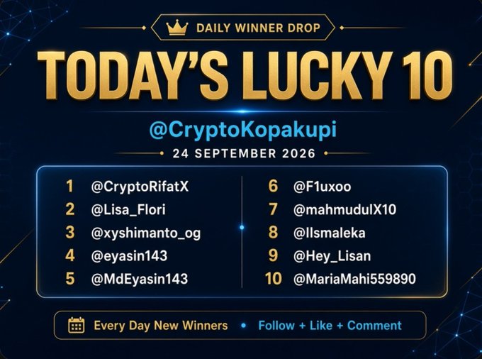A promotional graphic for "CryptoKopaku" announces the "Daily Lucky 10 Winner Daily Giveaway" with a futuristic, glowing blue and purple design, listing ten winners. The text and accompanying post congratulate the winners—including @Lisa_Flori, @xyshimanto_og, @eyasin143, and others—and encourage participants to follow, like, and comment for a chance in the next selection.