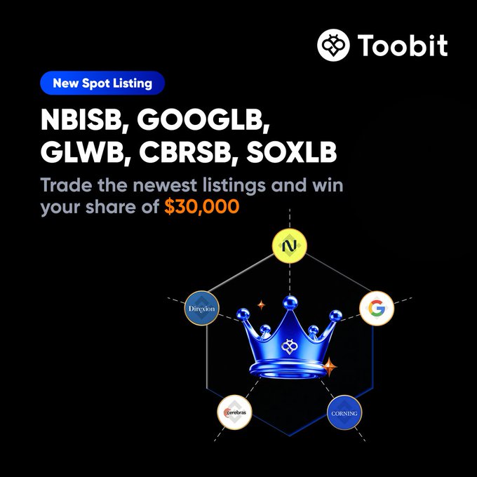 A Toobit cryptocurrency exchange promotional graphic announces a 'New Spot Listing' for tickers NBISB, GOOGLB, GLWB, CBRSB, and SOXLB, offering a share of a $30,000 prize pool with logos for Direction, Google, Cerebras, and Corning.