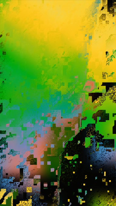 An abstract digital artwork featuring vibrant splashes of yellow and green blending into blue, with pixelated glitch effects in pink, black, and green.