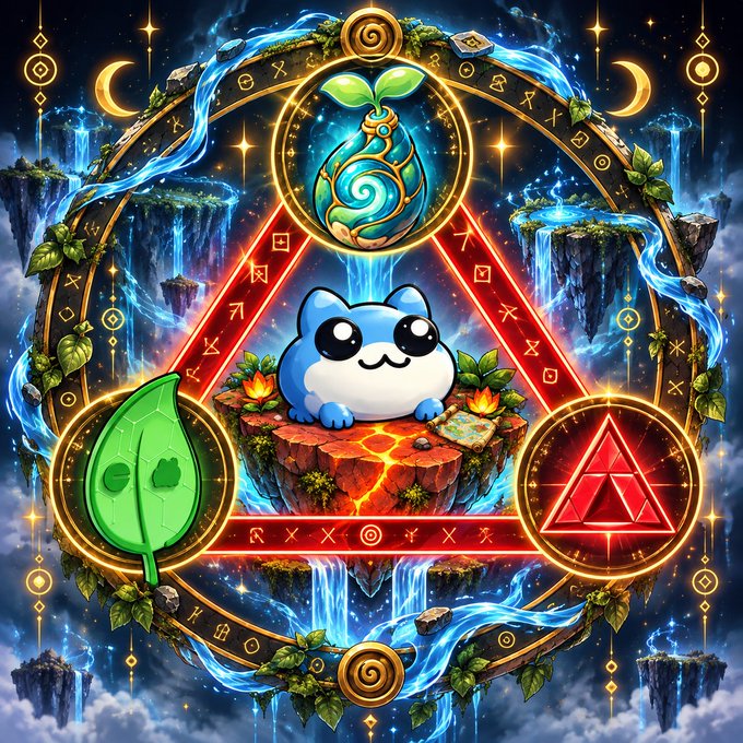 A fantasy illustration features a round blue creature sitting on a floating island, surrounded by mystical symbols, a green leaf, a red triangle, and waterfalls under a starry night sky.