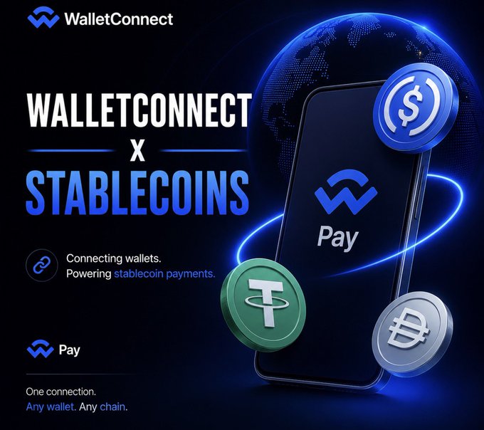 A promotional graphic announces 'WALLETCONNECT x STABLECOINS,' featuring the WalletConnect Pay logo, a smartphone, and 3D coins representing USDC, Tether, and other stablecoins, with the tagline 'One connection. Any wallet. Any chain.'