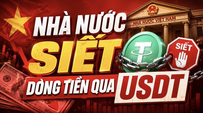 A Vietnamese-language news graphic with bold text reading 'NHÀ NƯỚC SIẾT DÒNG TIỀN QUA USDT' (The government tightens cash flow through USDT), featuring the Vietnamese flag, a government building, stacks of US dollar bills, a chained Tether (USDT) token, and a stop sign with a hand icon.