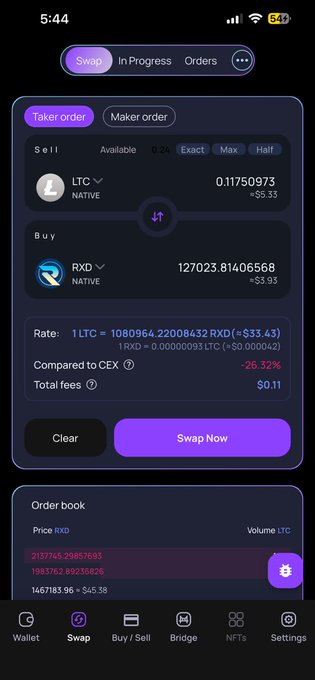 A mobile crypto swap interface showing an order to sell 0.11750973 LTC for approximately 127,023.81 RXD, with a 26.32% discount compared to CEX.