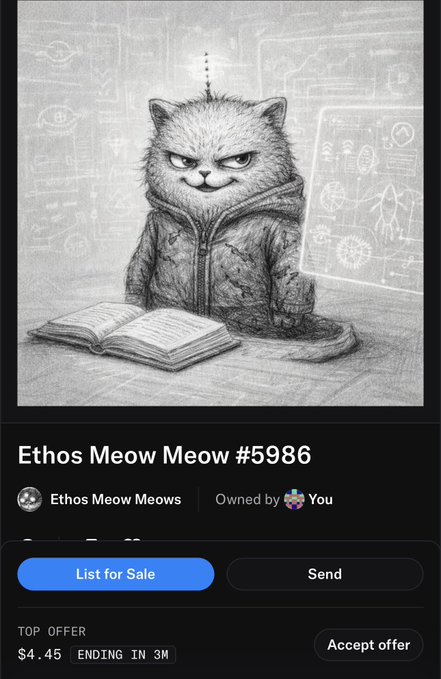 A mobile app screenshot showing an NFT listing for "Ethos Meow Meow #5986," a sketch-style illustration of a grumpy cat in a hoodie reading a book, listed for $4.45 with options to list for sale or send.