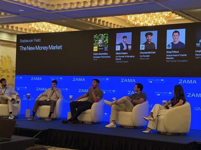 A panel discussion titled 'Stablecoin Yield: The New Money Market' featuring speakers including Fahim Sachedina (Zama), Nikita Fadeev (Fivestone Capital), Chunda McCain (Pangea), and Greg Frieberg (Sky Frontier Foundation), with the event sponsored by ZAMA.