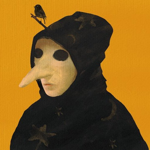 A painting in the style of classical portraiture showing a hooded figure with a long beak mask and a small bird perched on their head, set against a mustard-yellow background.