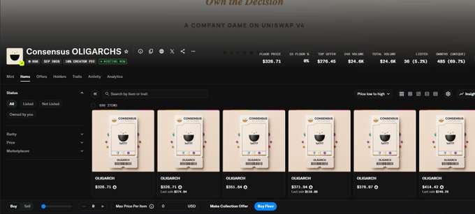 A Blur NFT marketplace listing for the "Consensus OLIGARCHS" collection (Own the Decision on Uniswap V4), showing multiple items with a floor price of $326.71 and various USD prices.