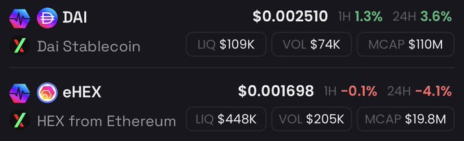 A cryptocurrency price tracker displays DAI at $0.002510 (up 3.6% in 24H) and eHEX at $0.001698 (down 4.1% in 24H), with eHEX showing a notably higher liquidity of $448K and volume of $205K compared to DAI's $109K and $74K—posted to highlight metrics for a HEX supporter.