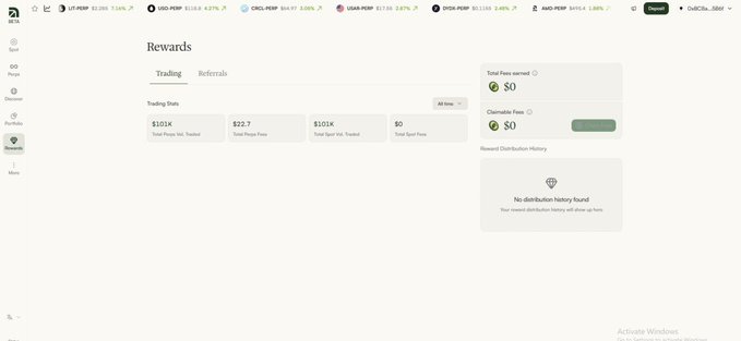 A cryptocurrency exchange rewards dashboard shows 'Rewards' with tabs for 'Trading' and 'Referrals,' trading stats ($10.1K 7d Spot Vol Traded, $22.7 30d Trade Fees, $101K 7d Spot Vol Traded, $0 Total Spot Fees), Total Fees earned $0, and an Eliminate Fees slider.