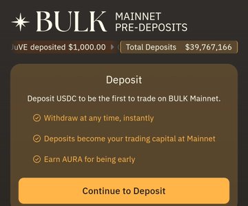 BULK Mainnet Pre-Deposits page showing total deposits of $39,767,166 with USDC deposit options for early AURA rewards.