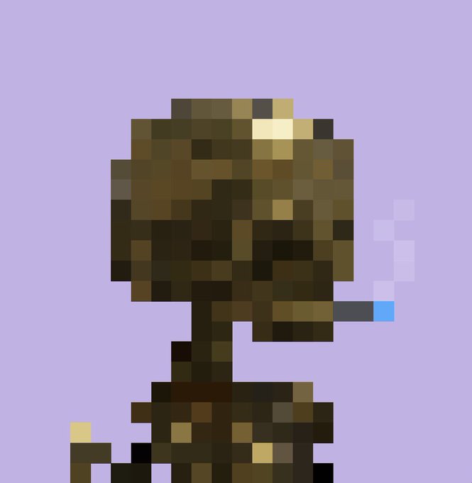 A heavily pixelated, blocky image of a character in brown and gold tones against a light purple background, with a small blue/white area on the right side.