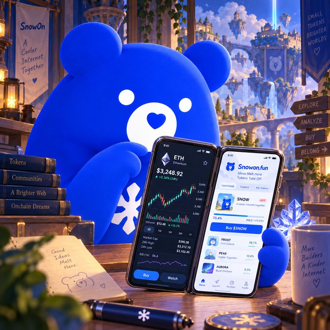 A promotional digital illustration for SnowOn cryptocurrency featuring a blue bear mascot holding two smartphones displaying the ETH ($3,248.92) trading chart and the Snowon.fun app interface, with banners reading 'SnowOn: A Cooler Internet Together', 'Tokens / Communities / A Brighter Web / Onchain Dreams', 'Small Tokens, Brighter Worlds', and 'Explore / Analyze / Buy / Belong'.