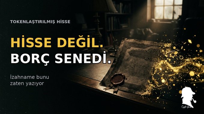 A dark advertisement in Turkish reading 'TOKEnLAŞTIRILMIŞ HİSSE / HİSSE DEĞİL. BORÇ SENEDİ.' meaning 'Tokenized share / Not a share. It's a debt instrument,' featuring a vintage document with wax seal and a detective logo in the corner.
