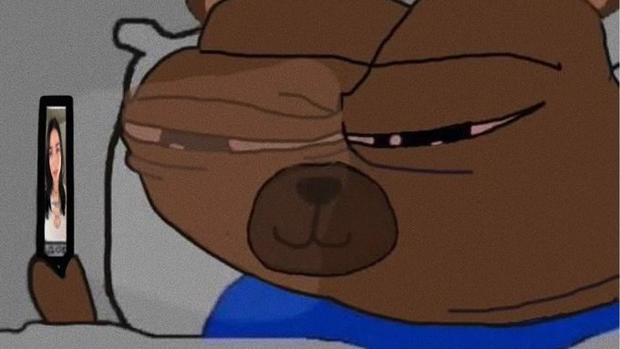 A cartoon bear character with half-closed eyes holds up a small rectangular card displaying a woman's face, with the context suggesting the image humorously represents someone preparing to launch numerous meme coin ($BOBO) trading pairs. The meme format, featuring the skeptical-looking bear examining a photo, visually conveys the creator's casual, almost nonchalant attitude toward creating an entire meme token ecosystem.