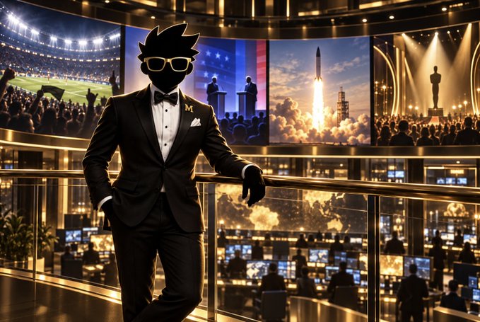 A stylized mascot in a tuxedo and sunglasses stands confidently in a high-tech control room surrounded by screens showing sports arenas, political debates, rocket launches, and award shows—visually capturing how prediction markets have become the central hub for major global events. The "M" emblem on the suit and the $MANIFEST ticker tie the image to the post's message about bringing culture to live odds.