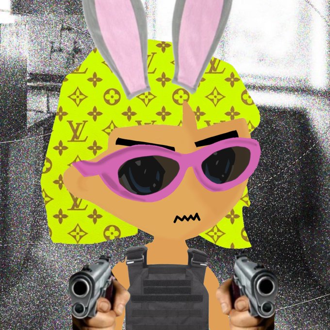 A cartoon bunny with pink bunny ears, pink sunglasses, and a grumpy expression holds two pistols while wearing a tactical vest, set against a glittery background. The bunny's hair features the Louis Vuitton "LV" monogram pattern in yellow, fitting the playful and ironic "hood lord" aesthetic of the profile picture.