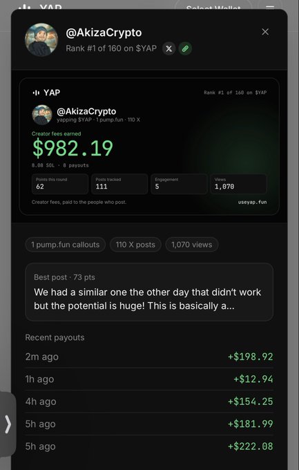 A screenshot of @AkizaCrypto's profile on the YAP app, showing $982.19 in creator fees earned, Rank #1 of 160, and a list of recent payouts ranging from +$12.94 to +$222.08.