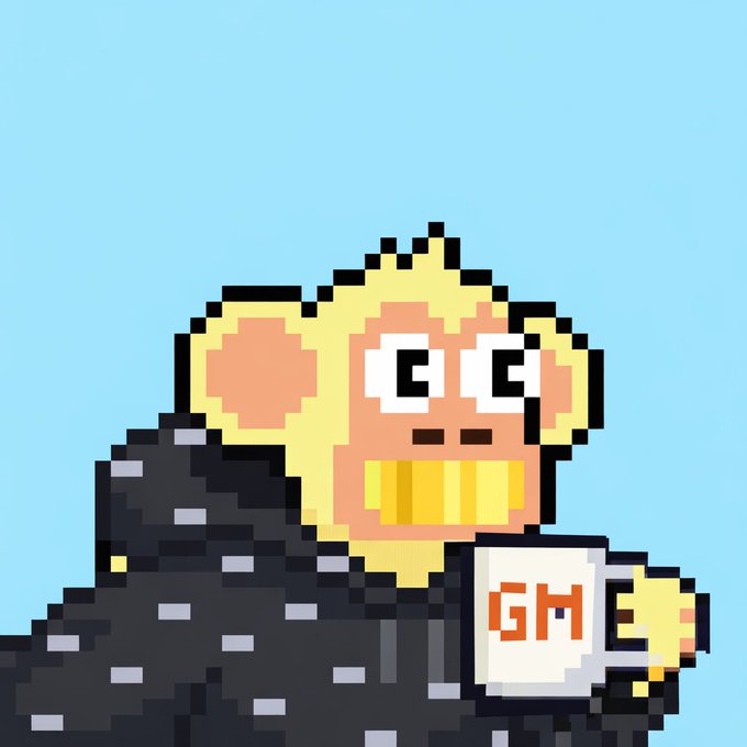 Pixel art style image of a smiling monkey character with large ears holding a white mug with orange text 'GM' (Good Morning).