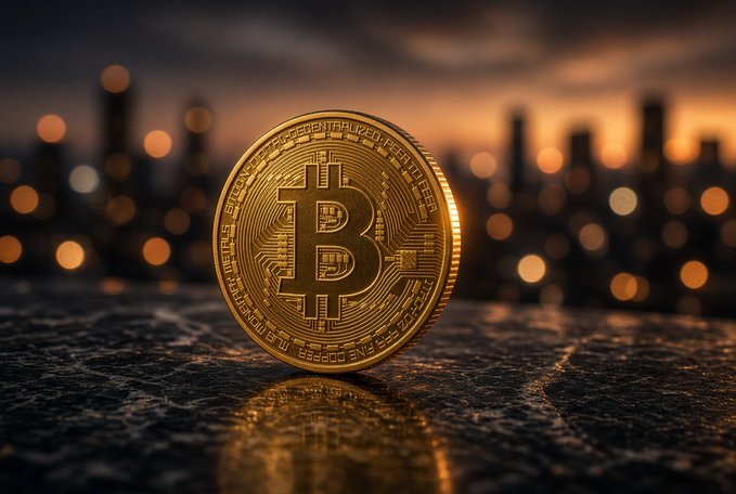 A golden Bitcoin coin standing upright on a dark textured surface with a blurred city skyline at sunset in the background.