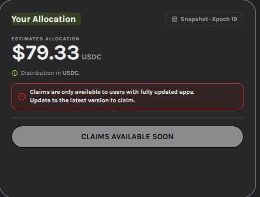 A dark-themed allocation dashboard showing 'Your Allocation' of $79.33 USDC with a 'Claims Available Soon' button and a warning to update the app for Snapshot - Epoch 19.