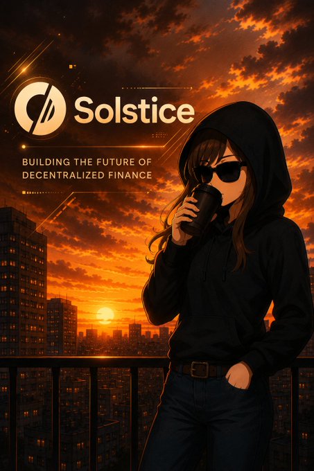 A hooded figure drinks from a cup while overlooking a city skyline at sunset, with the "Solstice" logo and tagline "Building the Future of Decentralized Finance" overlaid in the top left corner—visually branding $SLX token unlock claims.

Solstice promotional graphic: an anime-style character in a black hoodie and sunglasses sips a drink against a fiery orange sunset over a city skyline, featuring the Solstice logo and tagline "BUILDING THE FUTURE OF DECENTRALIZED FINANCE," paired with a post announcing that $SLX Unlock 2 claims are now live.