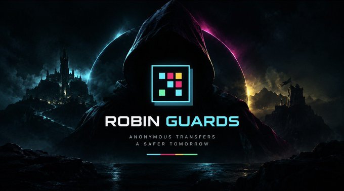 A dark, cinematic promotional graphic for 'ROBIN GUARDS' featuring a hooded figure and text reading 'ANONYMOUS TRANSFERS, A SAFER TOMORROW'.