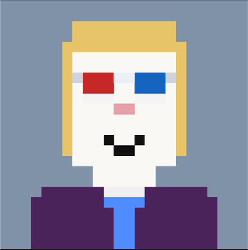 A pixel art avatar of a blonde character wearing a red and blue 3D glasses-like mask, paired with a post comparing the investment value of StonkBrokers versus PudgyPenguin NFTs.