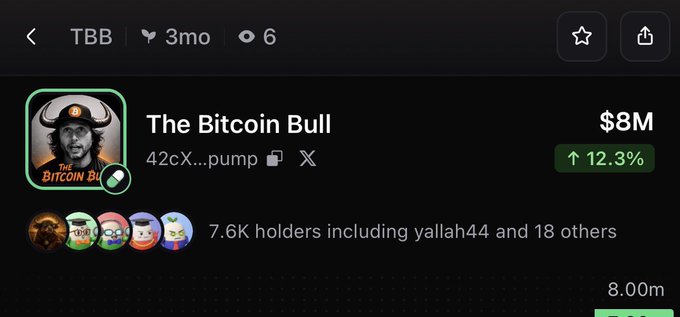 A crypto trading app screenshot shows "The Bitcoin Bull" (TBB) token worth $8M with a 12.3% increase, 7.6K holders, and a market cap of 8.00m, posted alongside the affectionate message "Did I tell you all I love you today?"—suggesting the user is sharing their excitement and appreciation with the community over their profitable Bitcoin Bull holdings.