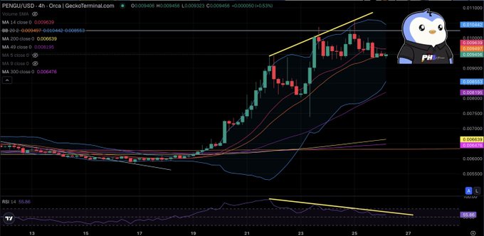 A 4-hour TradingView chart of PENGU/USD shows the token at 0.009406, up 0.53%, with price forming a rising wedge near recent highs while the RSI displays bearish divergence trending downward beneath the price action.