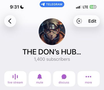 A Telegram channel screenshot showing 'THE DON's HUB...' with 1,400 subscribers, featuring a ninja warrior avatar, displayed at 9:31 on an iPhone with 66% battery on LTE.