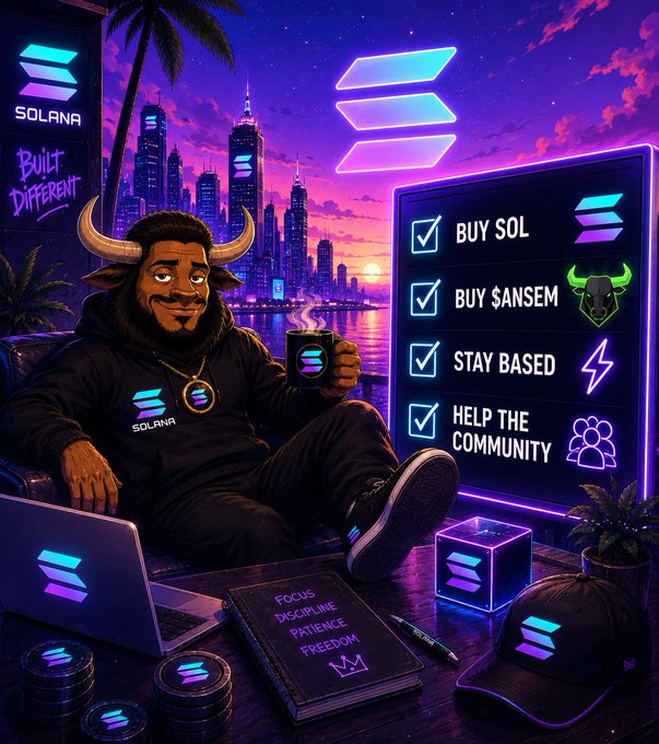 A stylized bullish mascot wearing a Solana hoodie sits against a neon-lit cityscape backdrop, surrounded by SOL-branded merch including a laptop, mug, cap, notebook reading "Focus Discipline Patience Freedom," and a checklist: "BUY SOL," "BUY $ANSEM," "STAY BASED," and "HELP THE COMMUNITY," with "Built Different" and Solana logos prominently displayed—fitting the "Gm SOL maxis and bulls" post as a rallying visual for the Solana community.