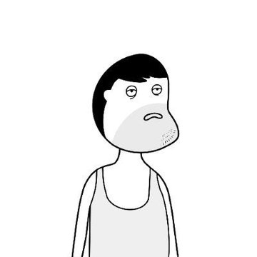 A simple black and white cartoon drawing of a person with short black hair, a stubbled chin, and a neutral expression wearing a tank top.