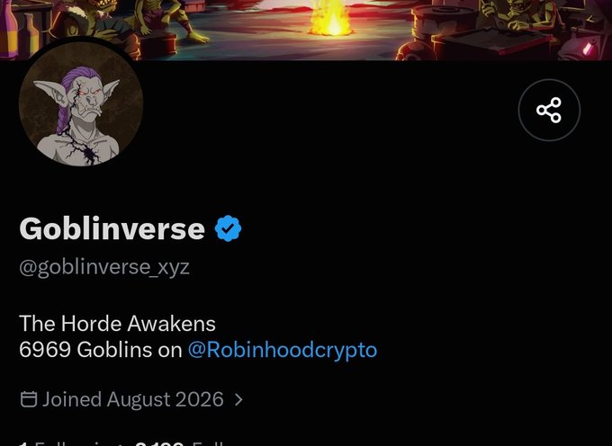This image shows a Twitter/X profile for the verified account "Goblinverse" (@goblinverse_xyz), featuring a goblin avatar and a banner depicting goblins around a campfire, with the bio stating "The Horde Awakens 6969 Goblins on @Robinhoodcrypto" and a join date of August 2026. The profile aligns with the post's mention of @goblinverse_xyz on Robinhood, showcasing the NFT project's official social media presence that the user is monitoring as an "early NFT find."
